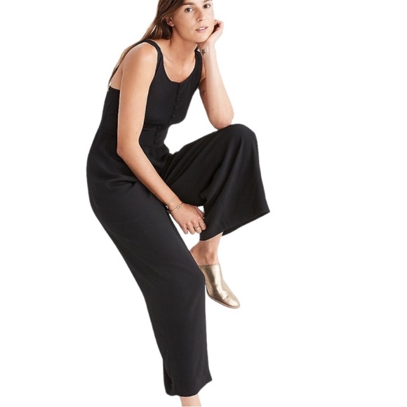 Madewell Smocked Button Pockets Sleeveless Wide Leg Jumpsuit Sz 8 Black - Picture 2 of 16